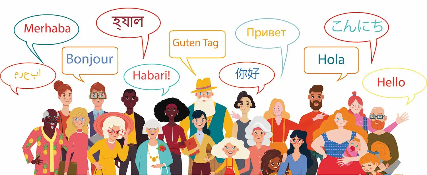 Zeichnung von mehreren Menschen verschiedener Herkunft, die Sie auf unterschiedlichen Sprachen begrüßen